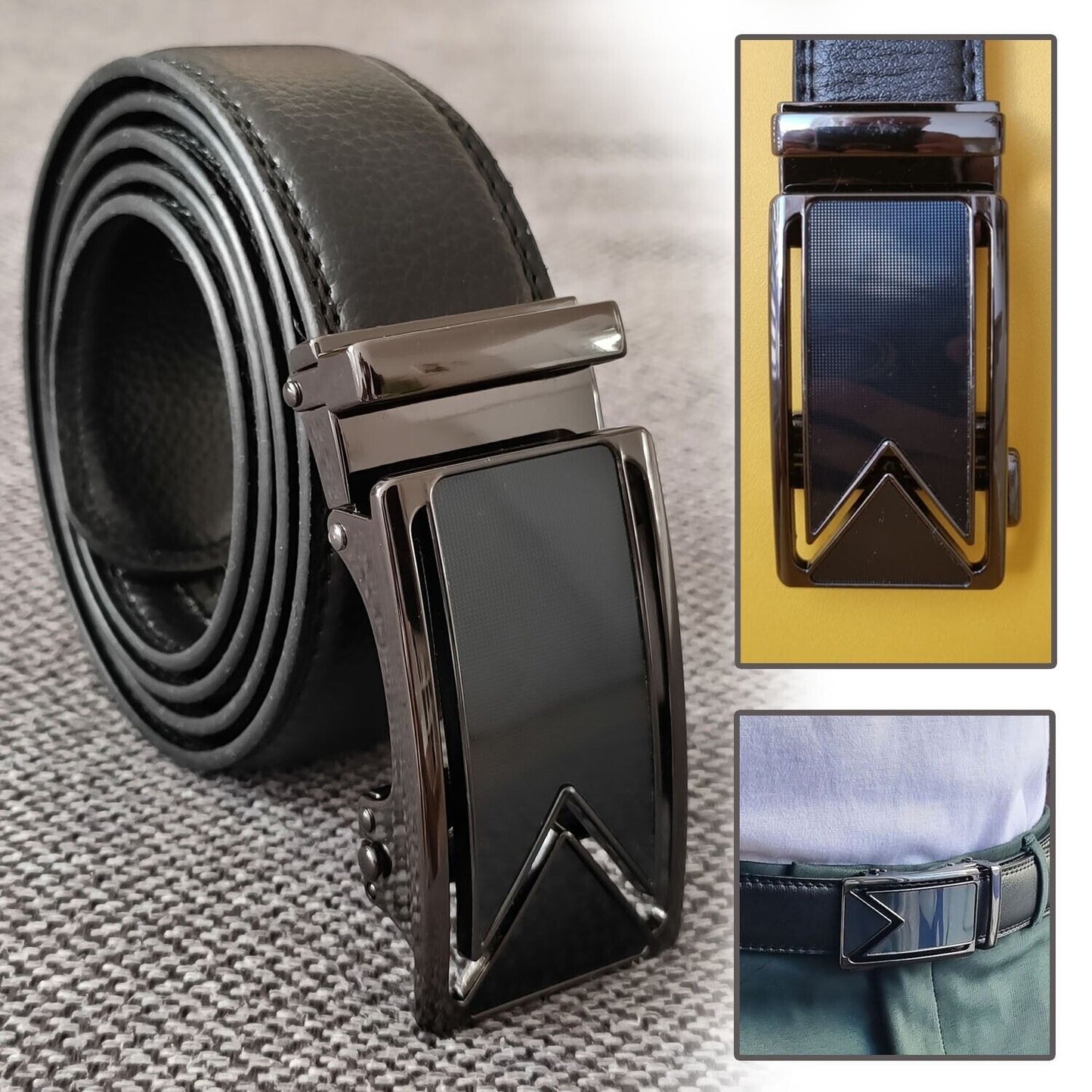 Adjustable Men's Leather Belt with Ratcheting Slide buckle