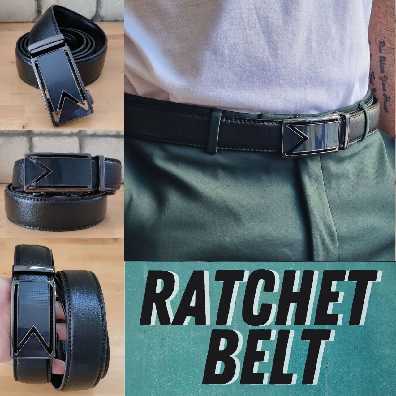 Adjustable Men's Leather Belt with Ratcheting Slide buckle