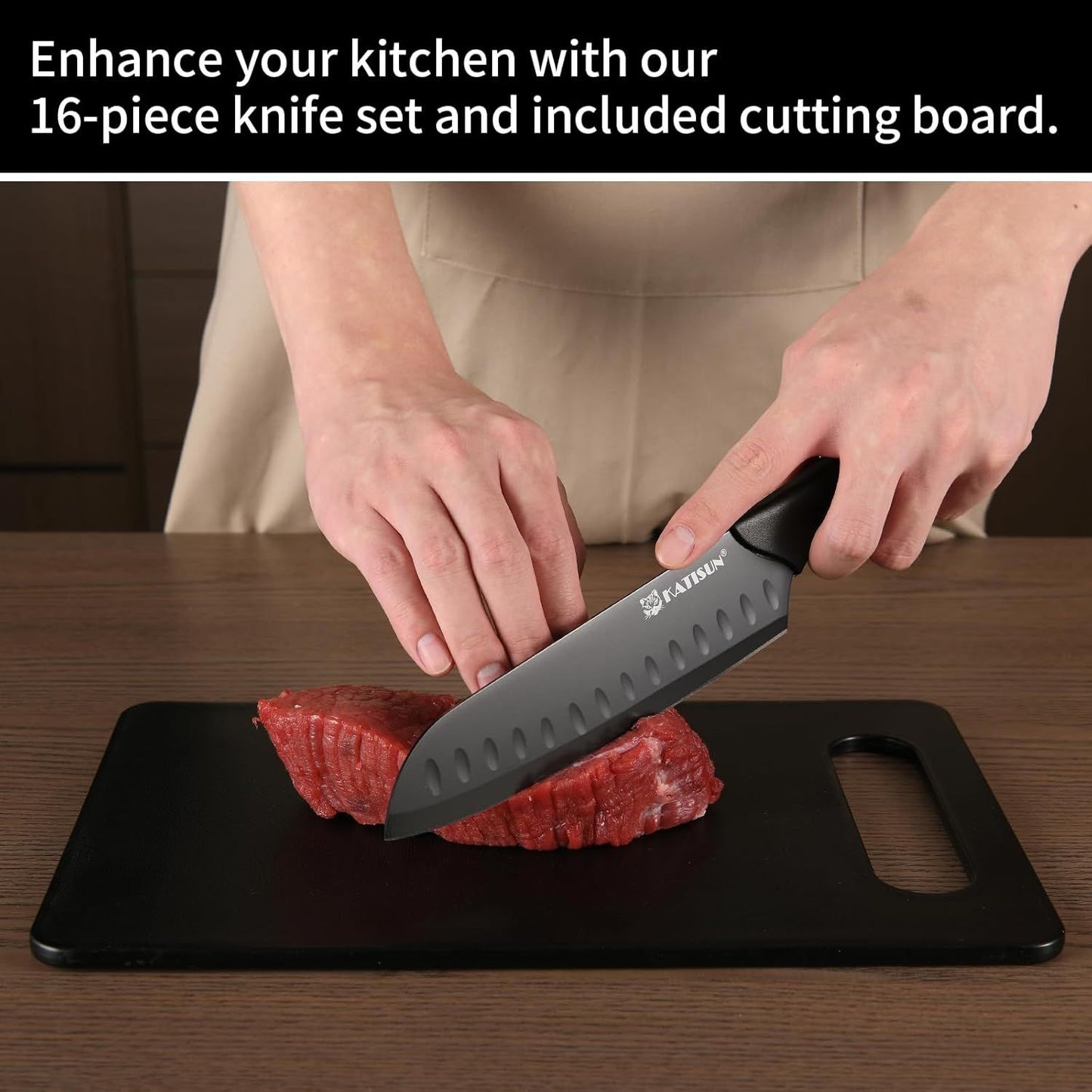 16 Pcs Kitchen Knife Block Set with Cutting Board, Built-in sharpener, Black