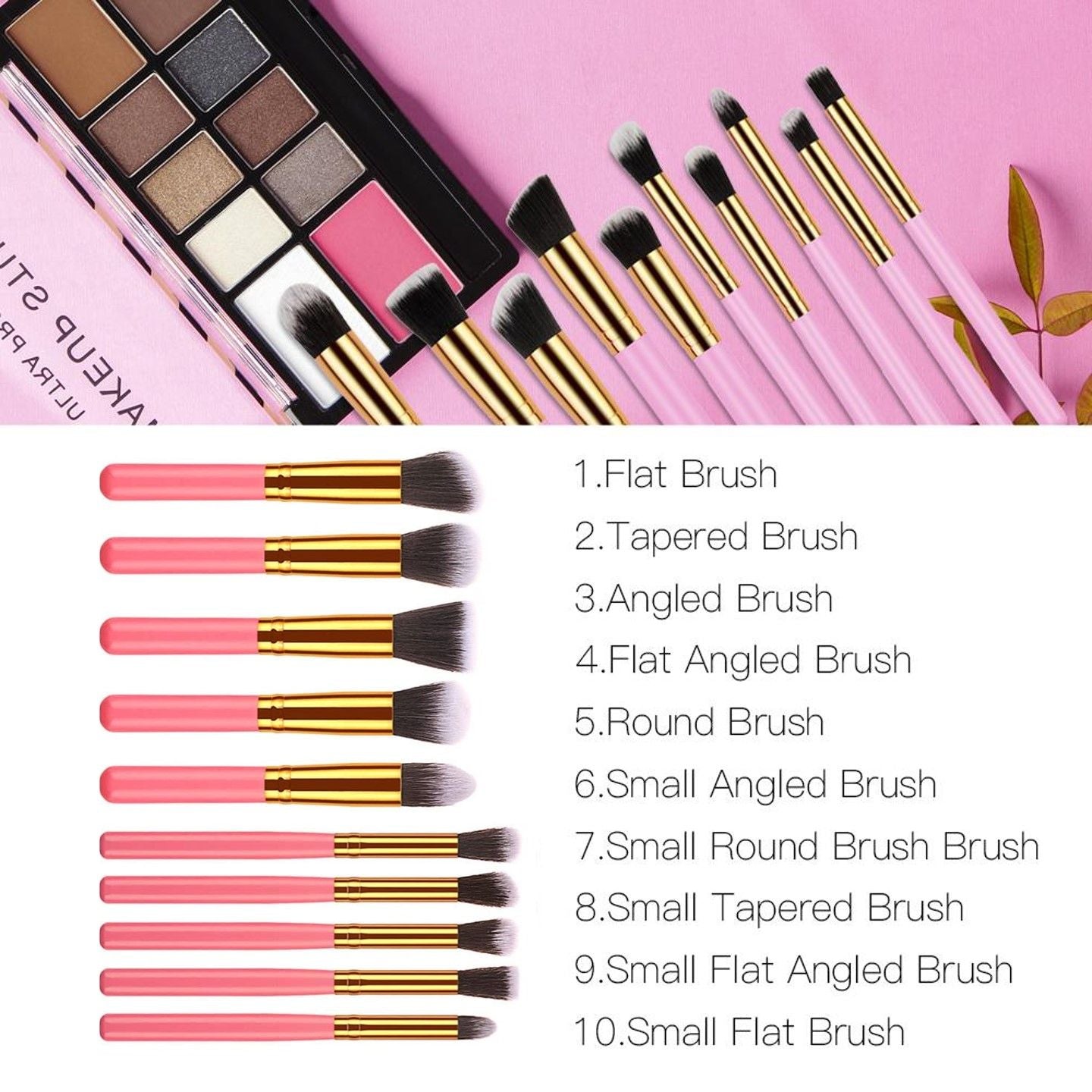 10 pcs High - End Makeup brush (Pink/Gold) with bag