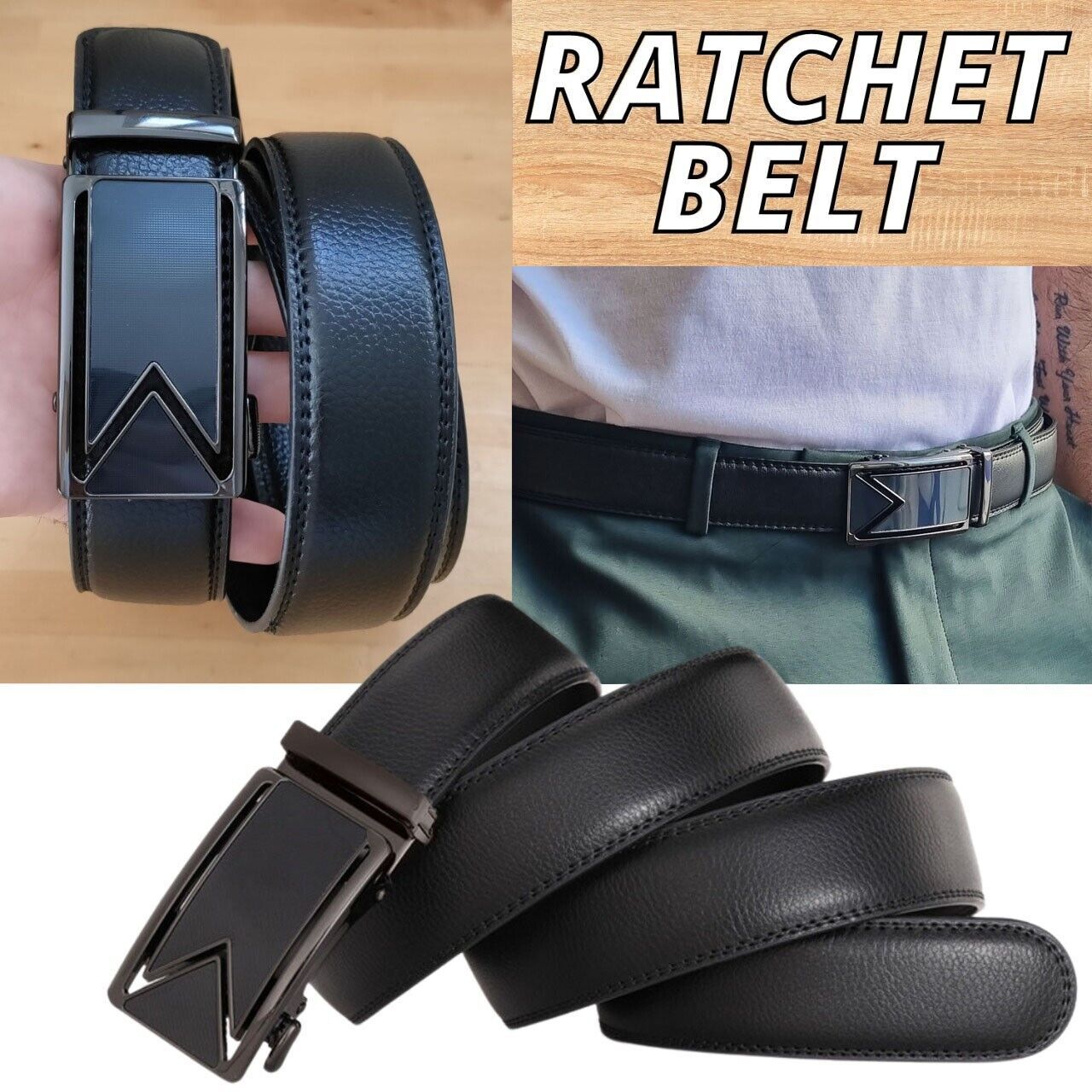 Adjustable Men's Leather Belt with Ratcheting Slide buckle