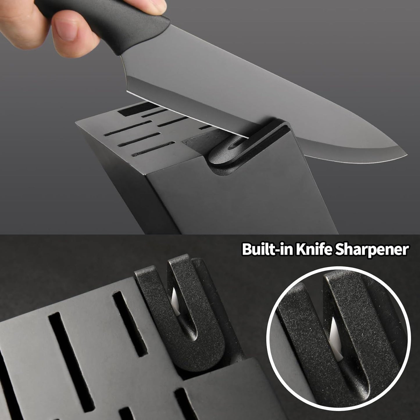 16 Pcs Kitchen Knife Block Set with Cutting Board, Built-in sharpener, Black