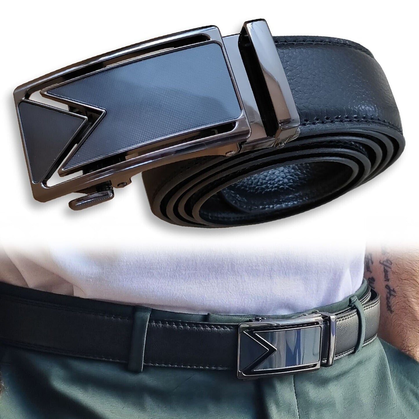 Adjustable Men's Leather Belt with Ratcheting Slide buckle