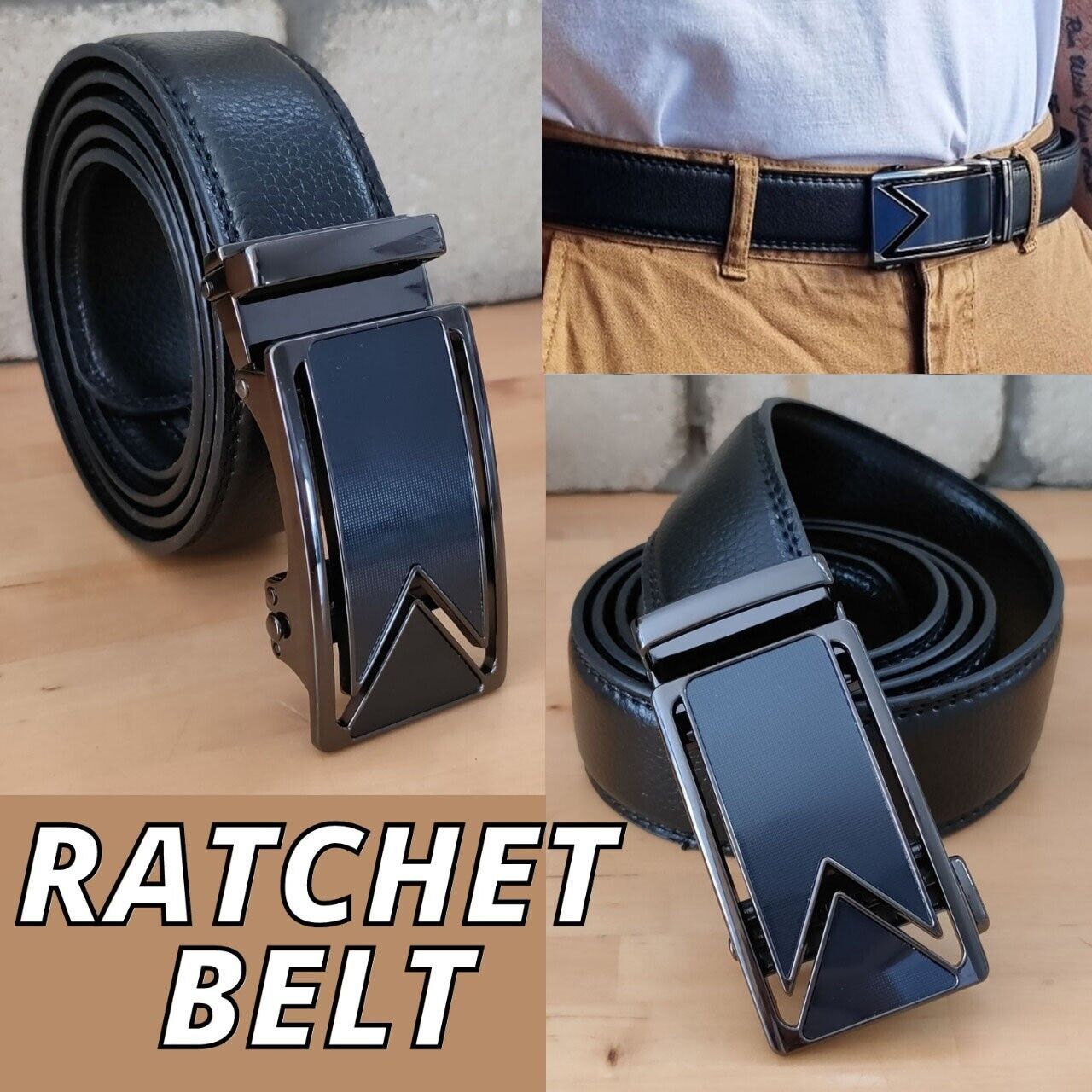 Adjustable Men's Leather Belt with Ratcheting Slide buckle