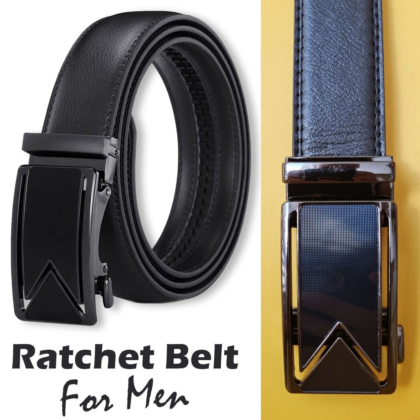 Adjustable Men's Leather Belt with Ratcheting Slide buckle