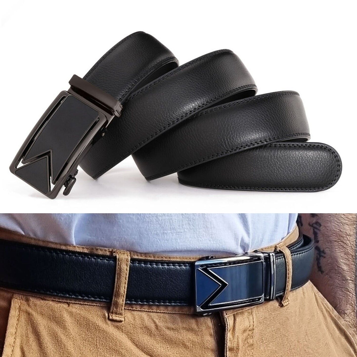 Adjustable Men's Leather Belt with Ratcheting Slide buckle