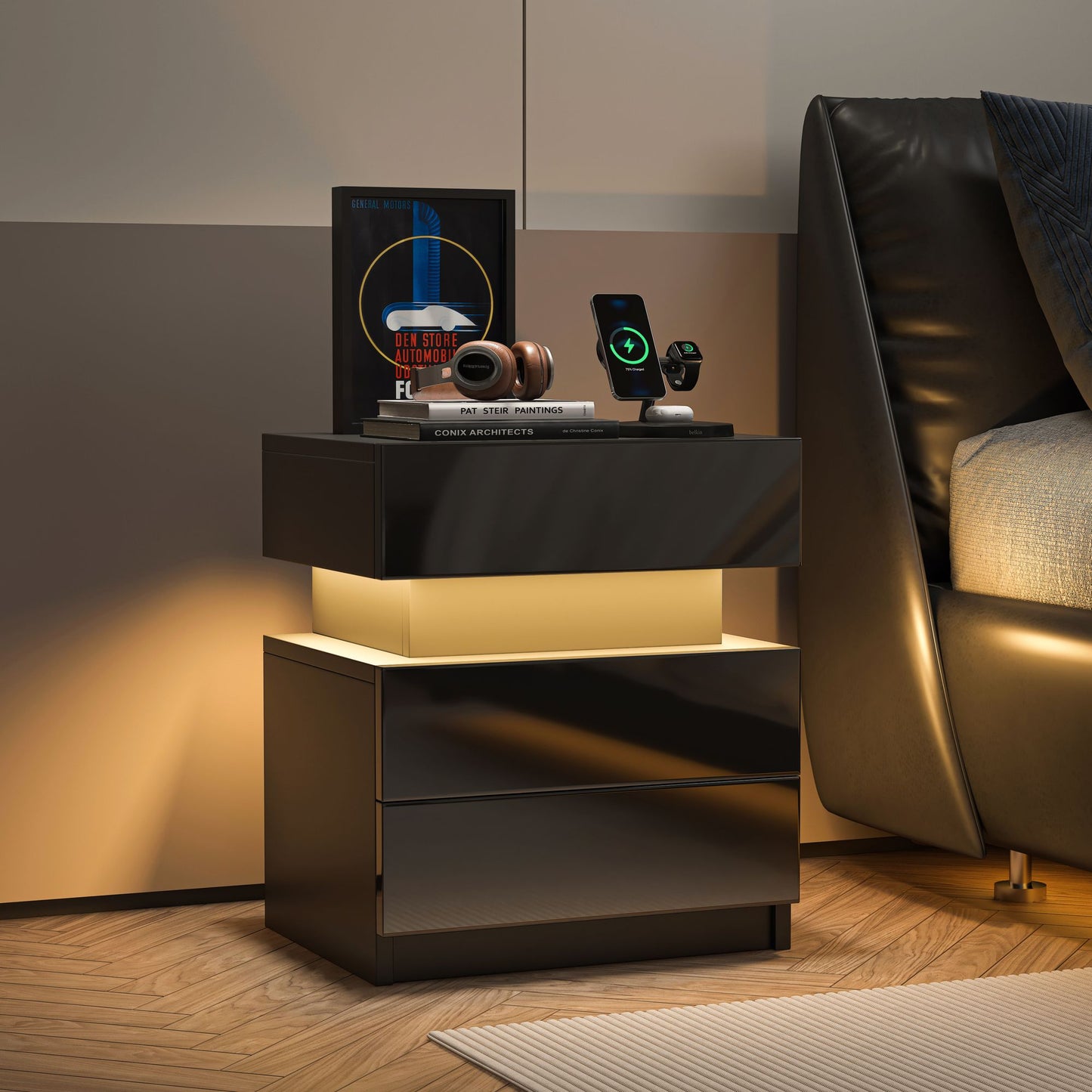 NEW LED Nightstand Modern Black Nightstand with Led Lights
