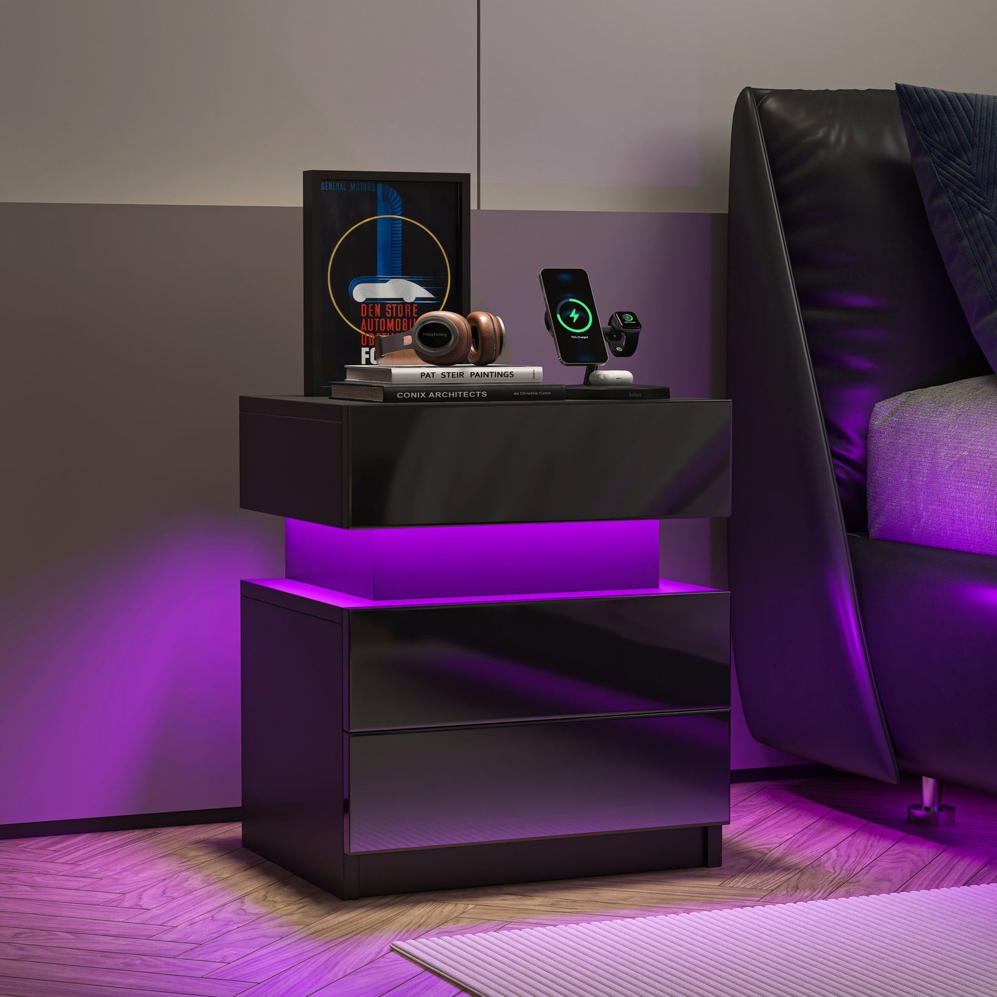 NEW LED Nightstand Modern Black Nightstand with Led Lights