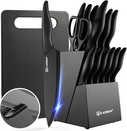 16 Pcs Kitchen Knife Block Set with Cutting Board, Built-in sharpener, Black
