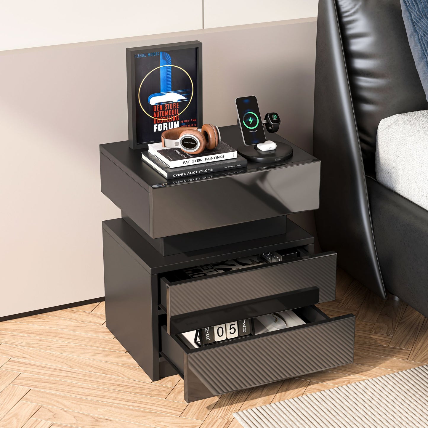 NEW LED Nightstand Modern Black Nightstand with Led Lights