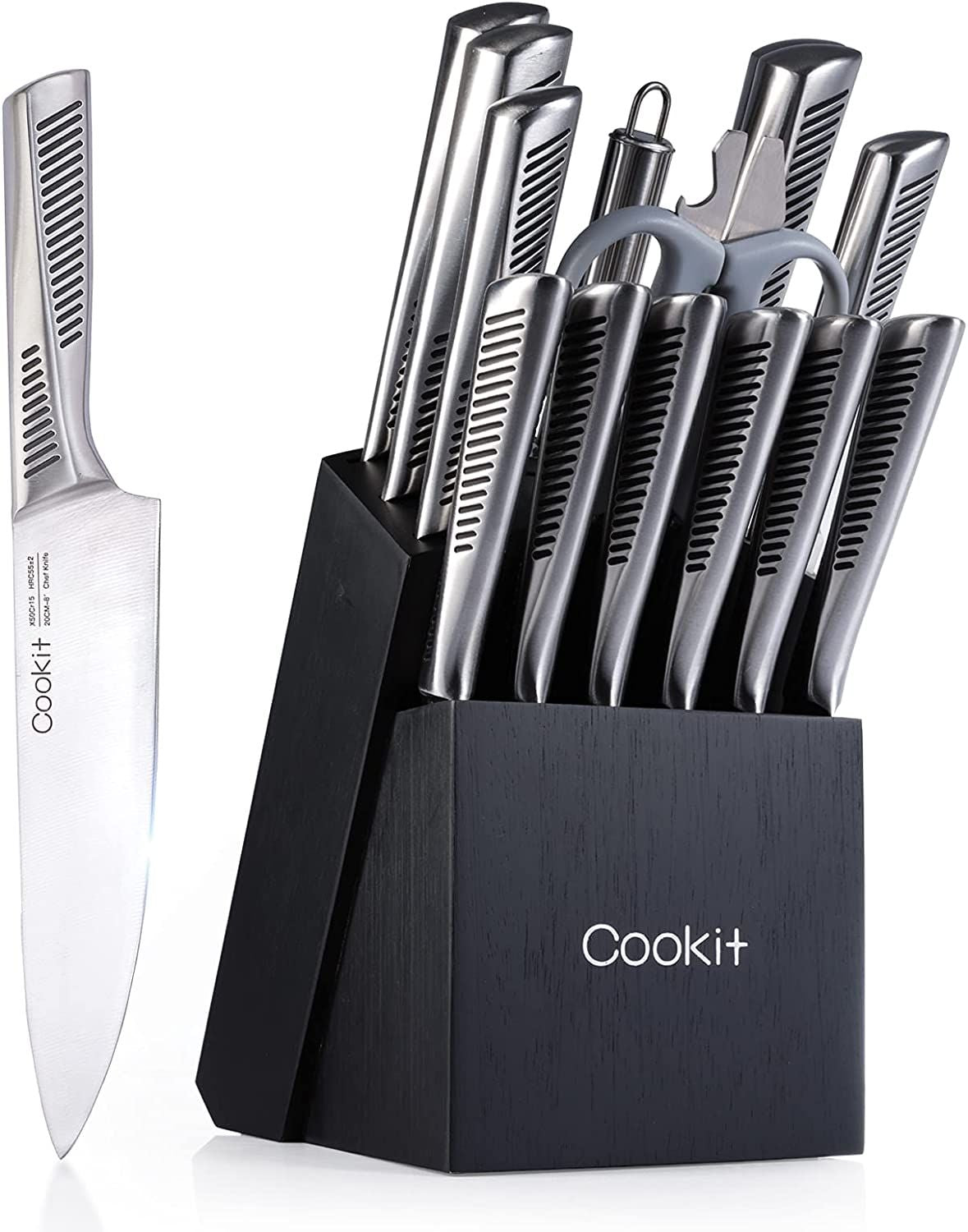 Kitchen Knife Set, Cookit 15 Pieces Knife Set with Block Manual Sharpener, Stainless Steel Hollow Handle