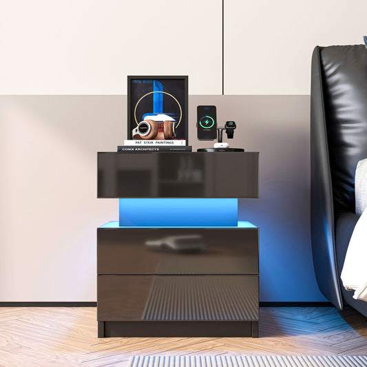 NEW LED Nightstand Modern Black Nightstand with Led Lights