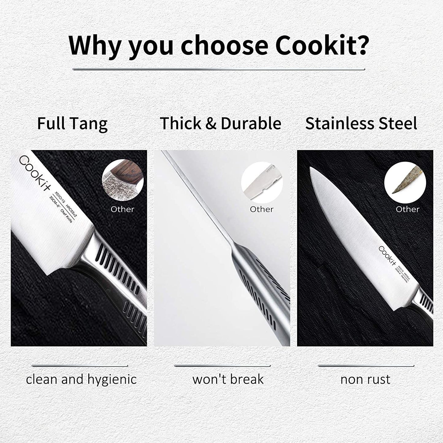 Kitchen Knife Set, Cookit 15 Pieces Knife Set with Block Manual Sharpener, Stainless Steel Hollow Handle