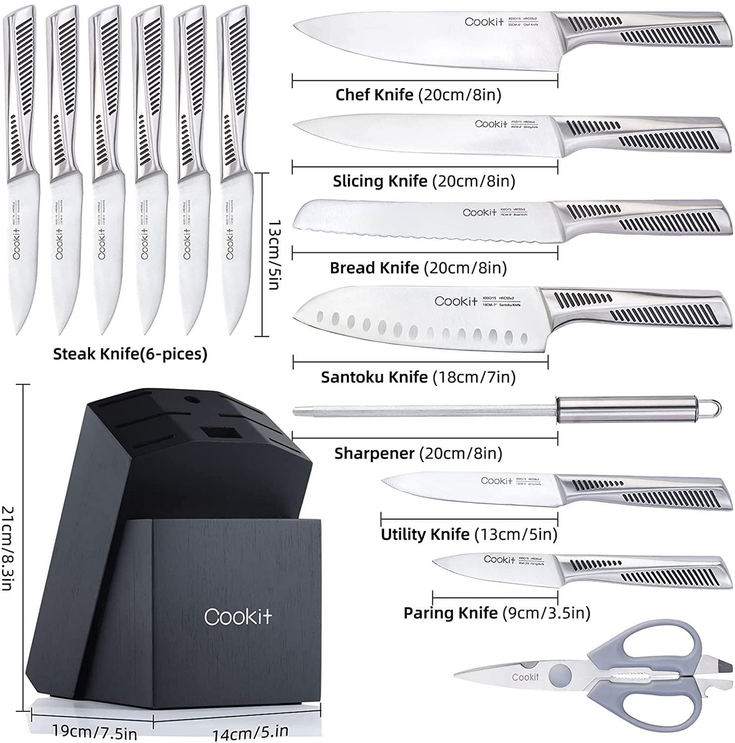 Kitchen Knife Set, Cookit 15 Pieces Knife Set with Block Manual Sharpener, Stainless Steel Hollow Handle