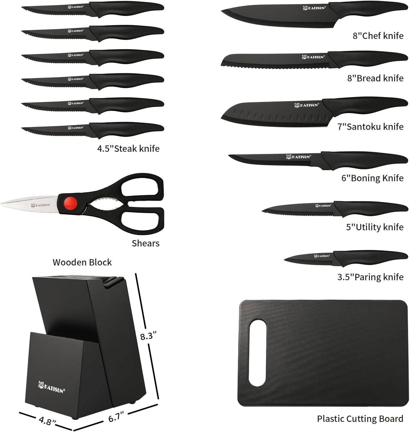 16 Pcs Kitchen Knife Block Set with Cutting Board, Built-in sharpener, Black